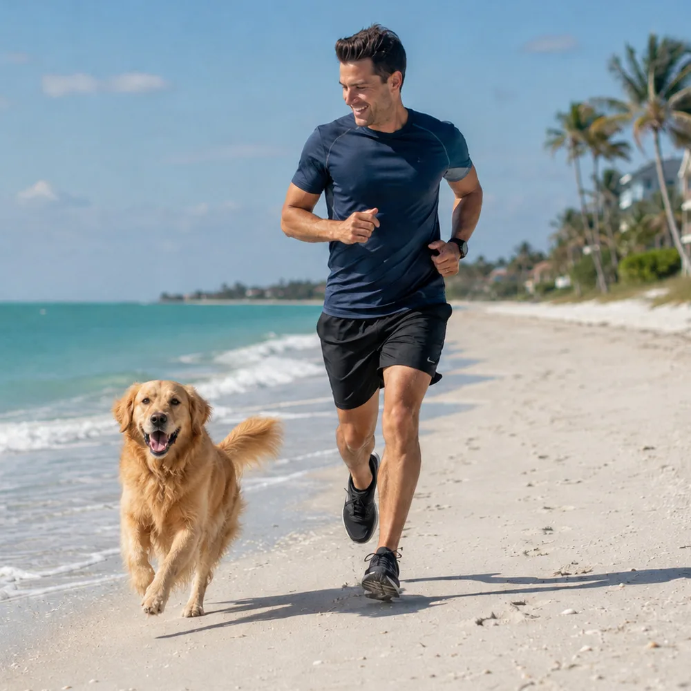 Man running on the beach with his golden retriever