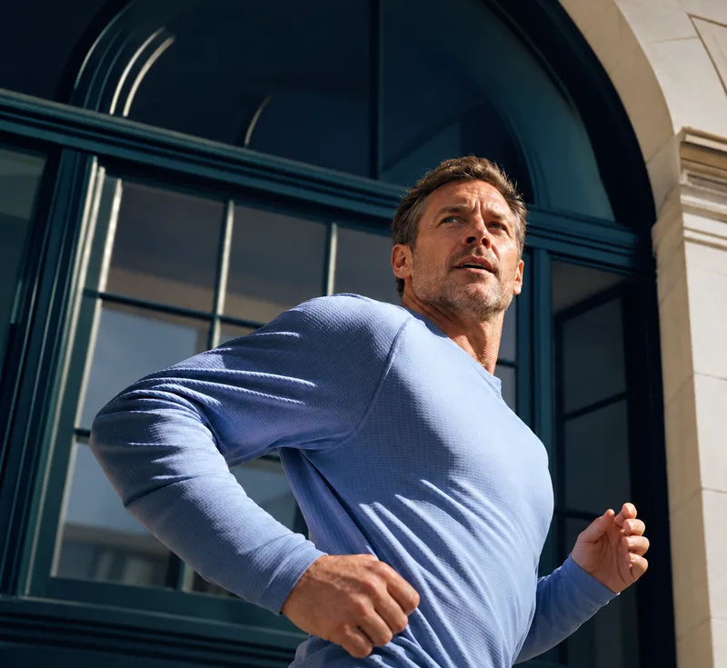 Man running outside a city building