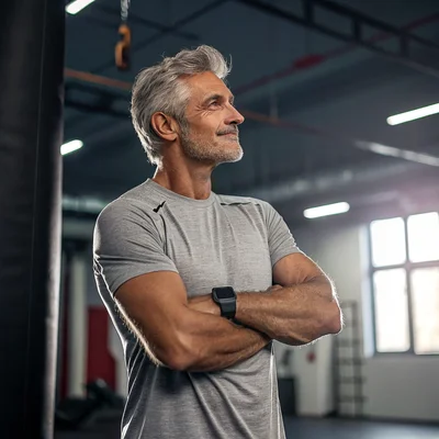 confident man in gym with light stubble