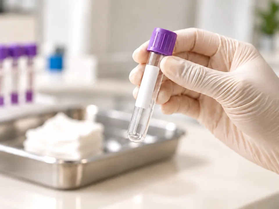 A gloved hand holds a blood collection tube with a purple cap