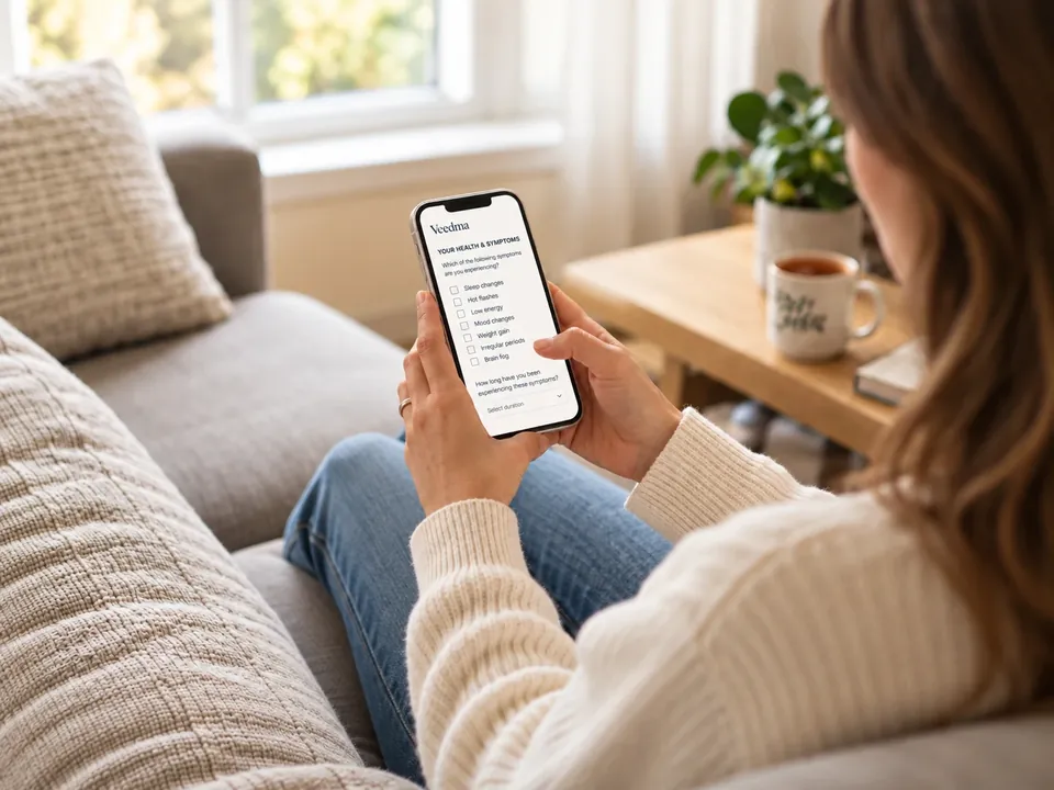 A woman on her sofa fills out the Veedma health form on her phone