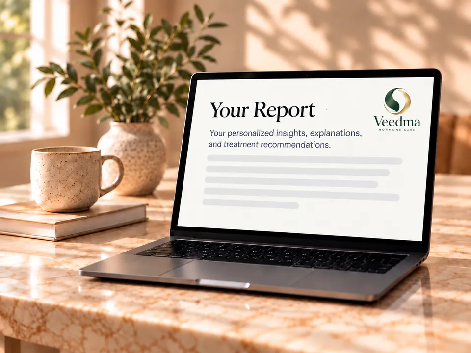 A laptop on a sunlit marble table shows a Veedma report titled Your Report