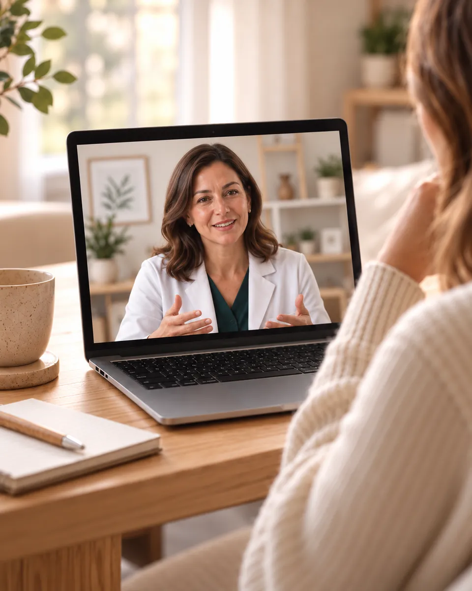 A woman at home on a video visit with a smiling provider in a white coat