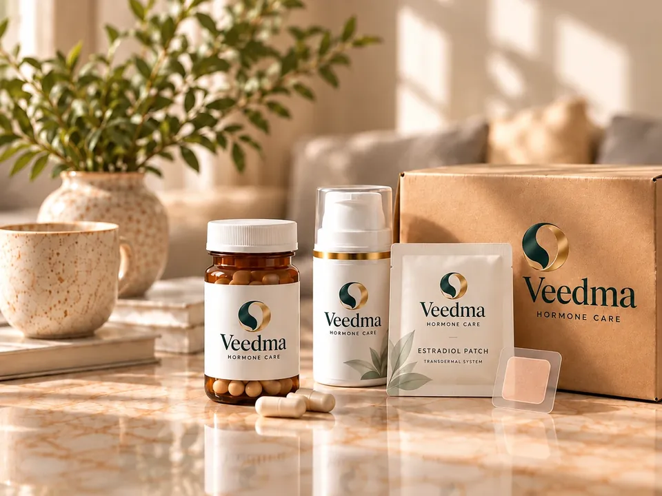Veedma medicines, an estradiol patch and a shipping box on a sunlit table