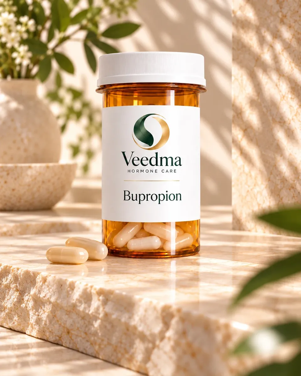 Veedma bupropion capsules in an amber bottle, two capsules beside it on a sunlit stone step
