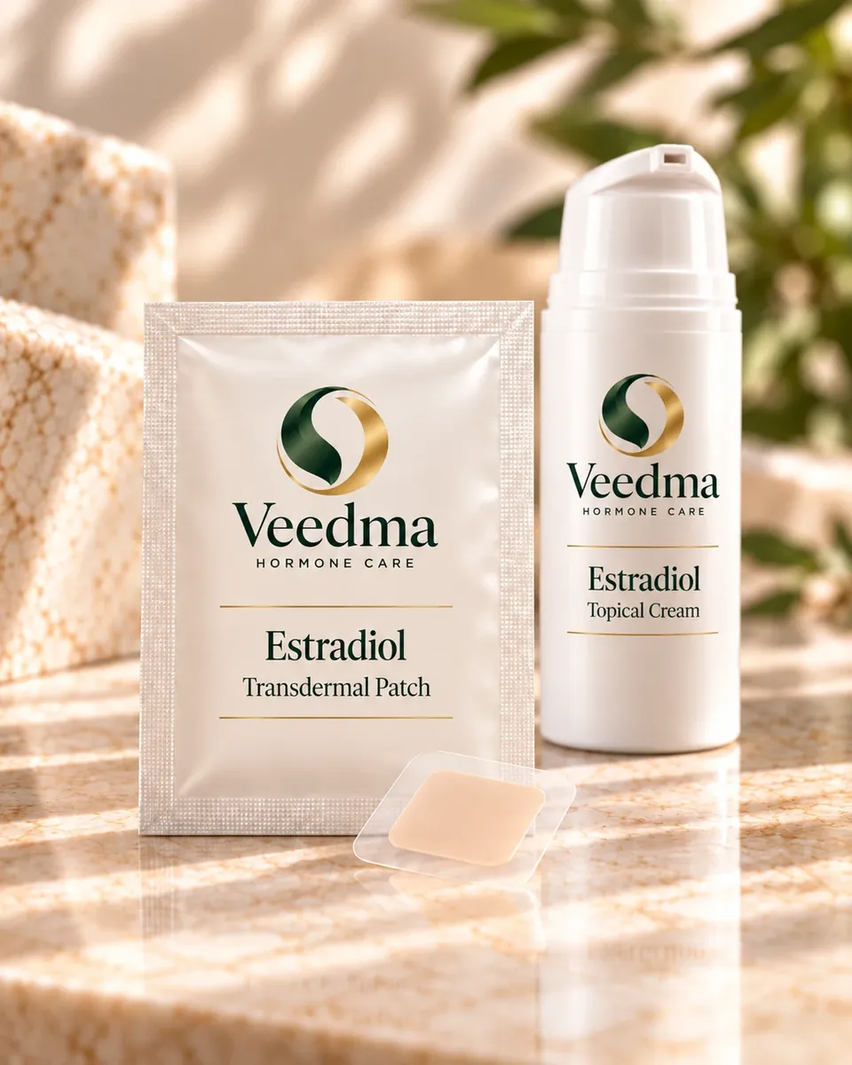 Veedma estradiol transdermal patch in its sachet with a patch in front, and estradiol topical cream in a pump bottle, on a sunlit marble step