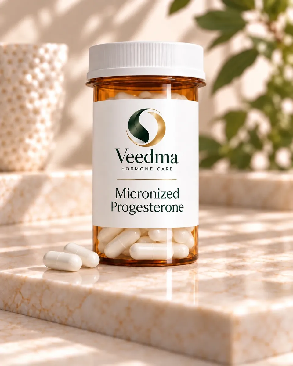 Veedma micronized progesterone capsules in an amber bottle, two capsules beside it on a sunlit marble step
