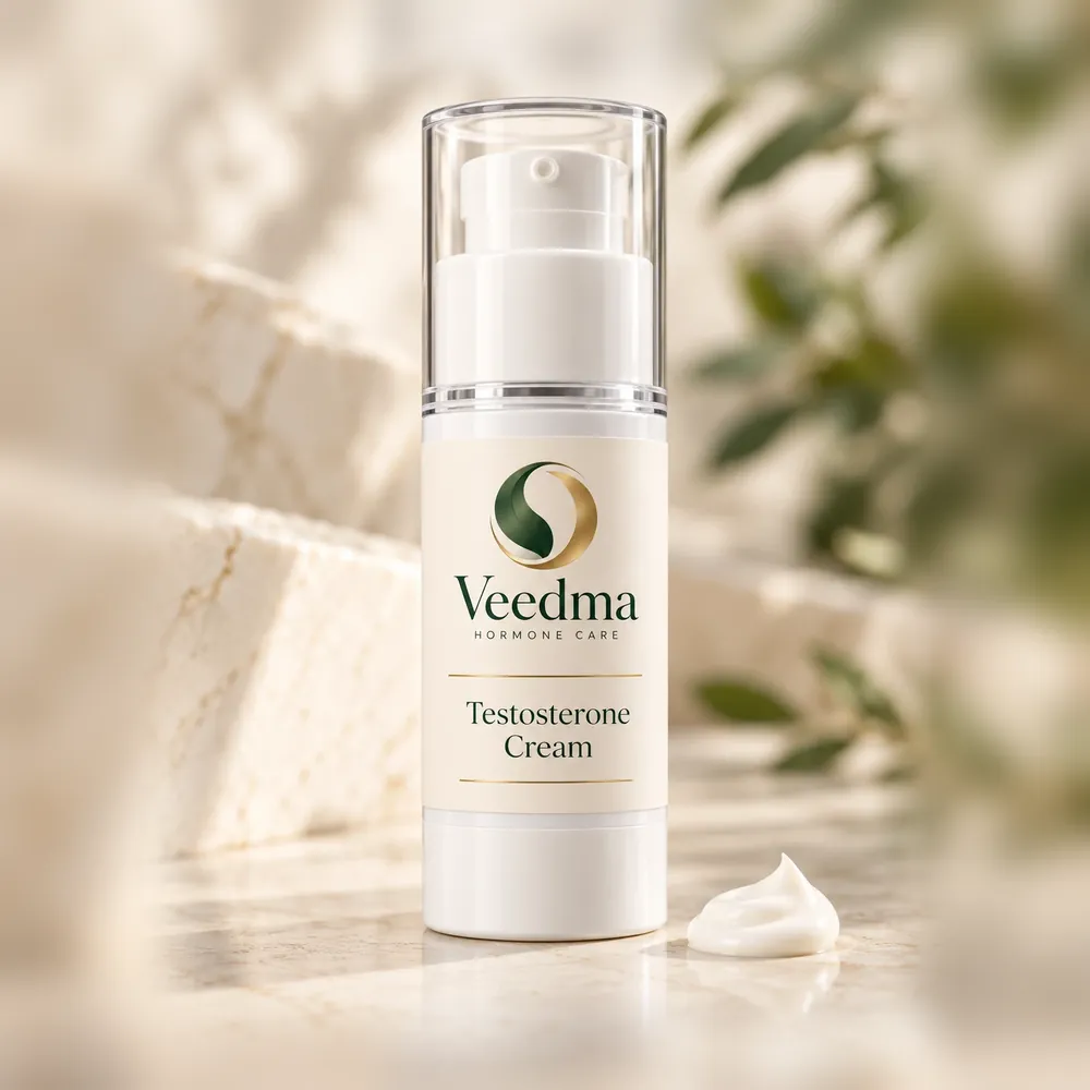 Veedma testosterone cream in a white pump bottle with a clear cap, a dollop of cream beside it on a sunlit marble step