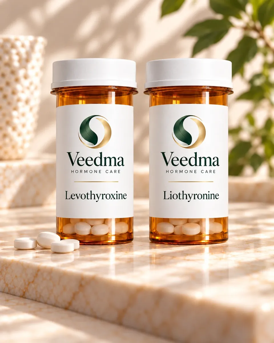 Veedma levothyroxine and liothyronine tablets in two amber bottles, a few tablets beside them on a sunlit marble step