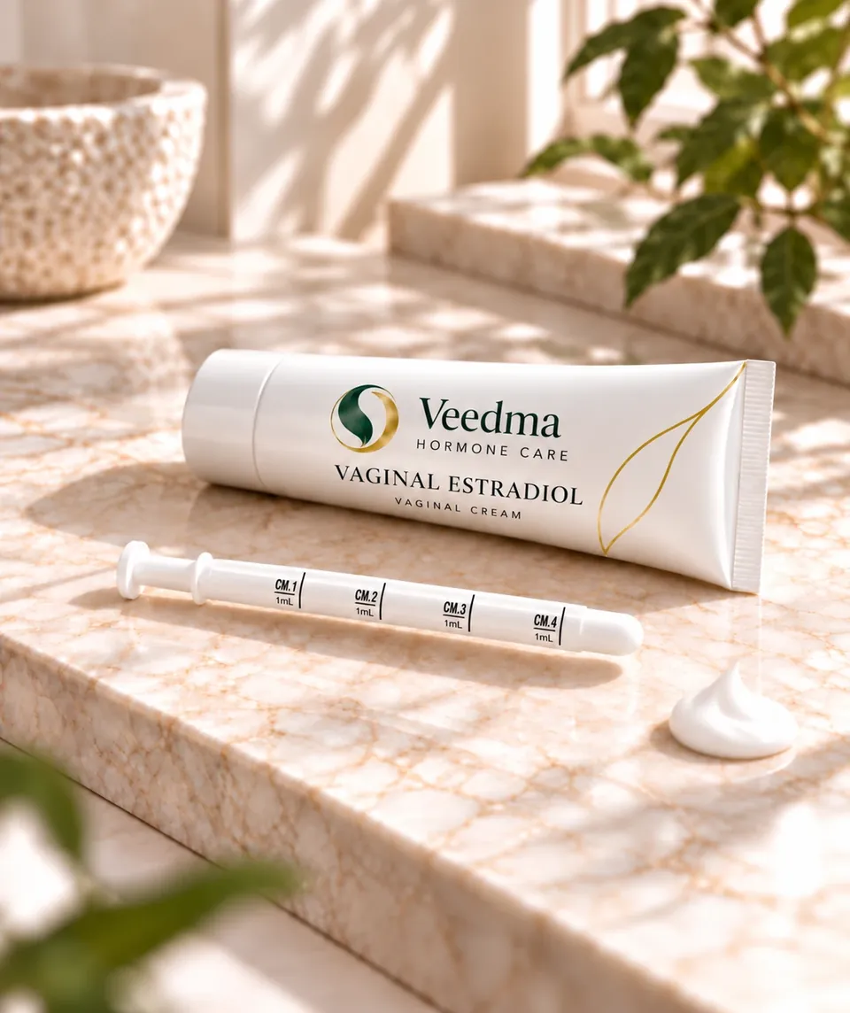 Veedma vaginal estradiol cream tube with a dosing applicator and a dollop of cream on a sunlit marble counter