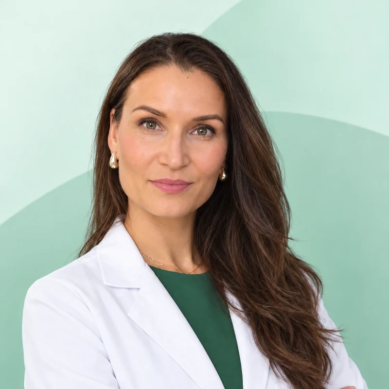 A smiling woman with long dark brown hair in a white coat over a dark green top, arms crossed