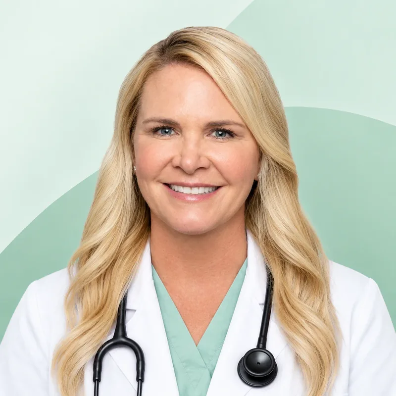 A smiling woman with long blond hair in a white coat and mint scrubs, a stethoscope around her neck